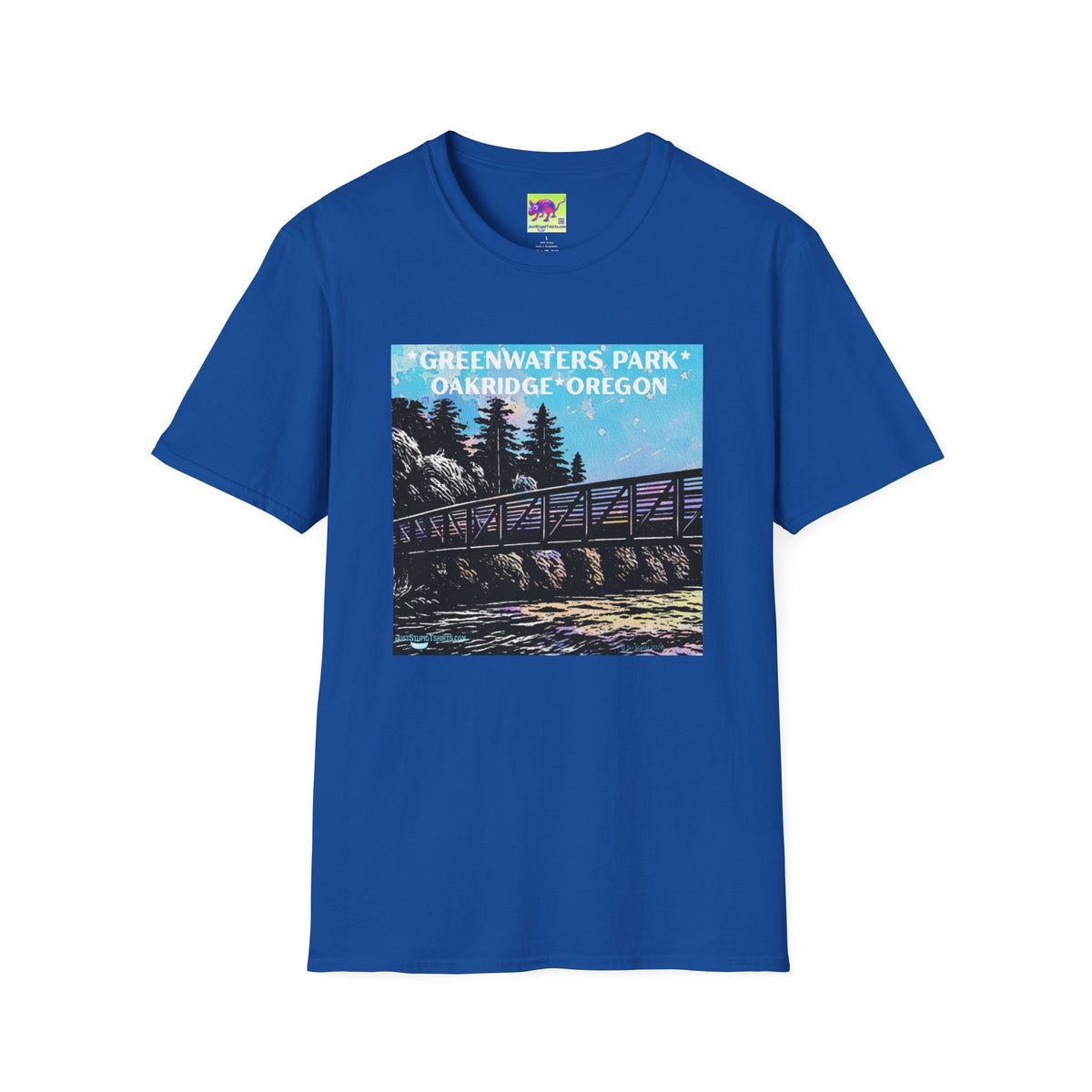 Greenwaters Park, Oakridge, Oregon -Lino cut style Unisex Soft style T-Shirt