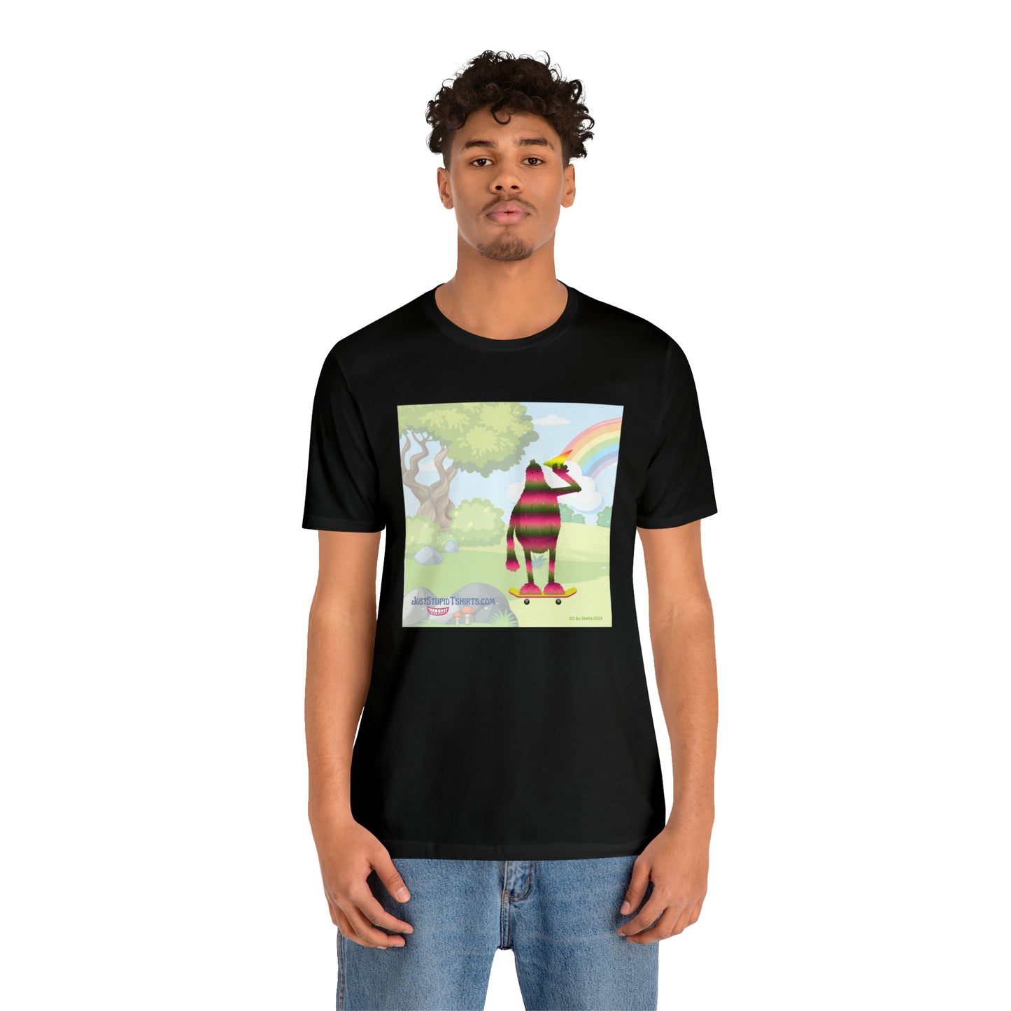 Rainbow Squatch on Skateboard- Unisex Jersey Short Sleeve Tee - Great Sasquatch gift- Yeti T Shirt, Big Foot Art