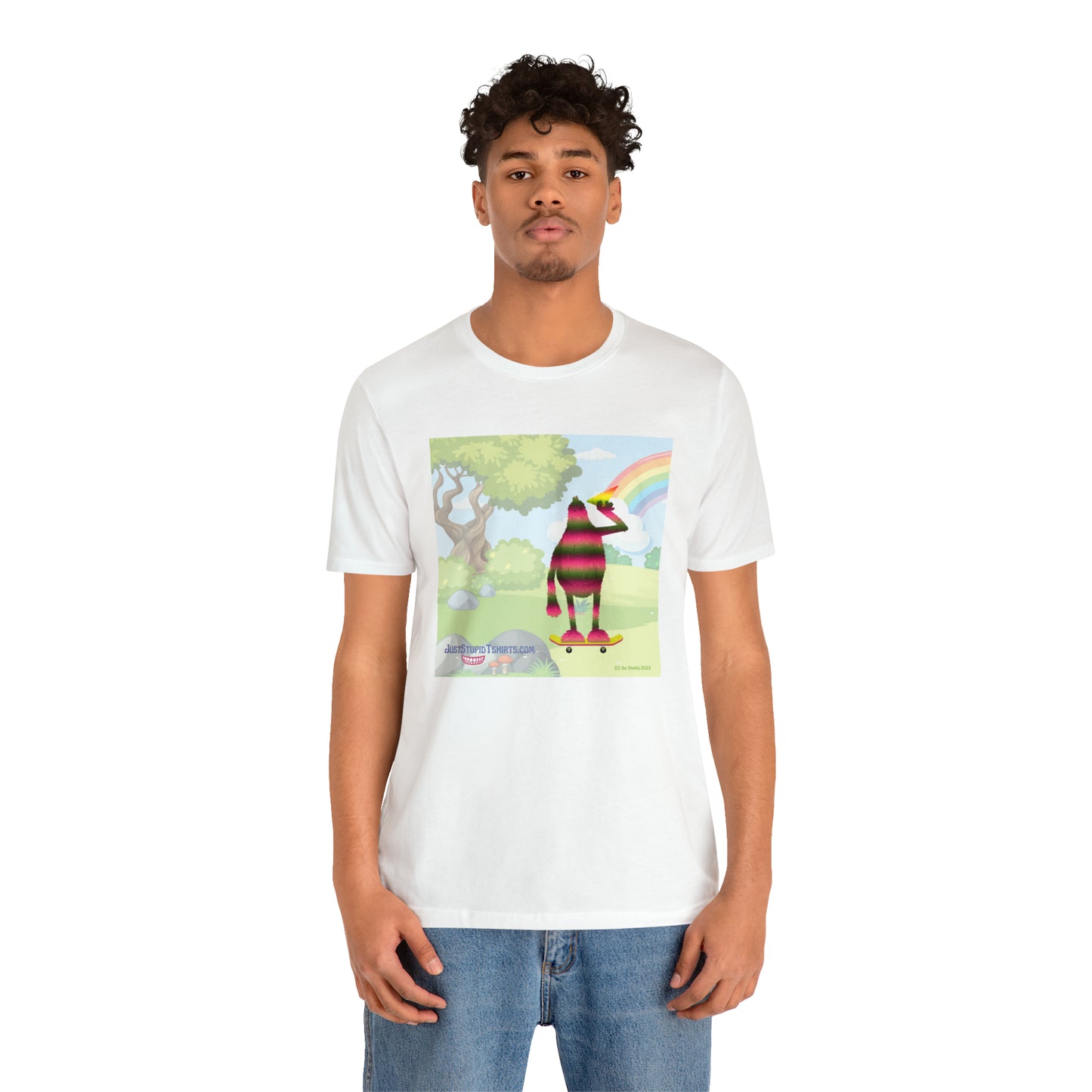 Rainbow Squatch on Skateboard- Unisex Jersey Short Sleeve Tee - Great Sasquatch gift- Yeti T Shirt, Big Foot Art