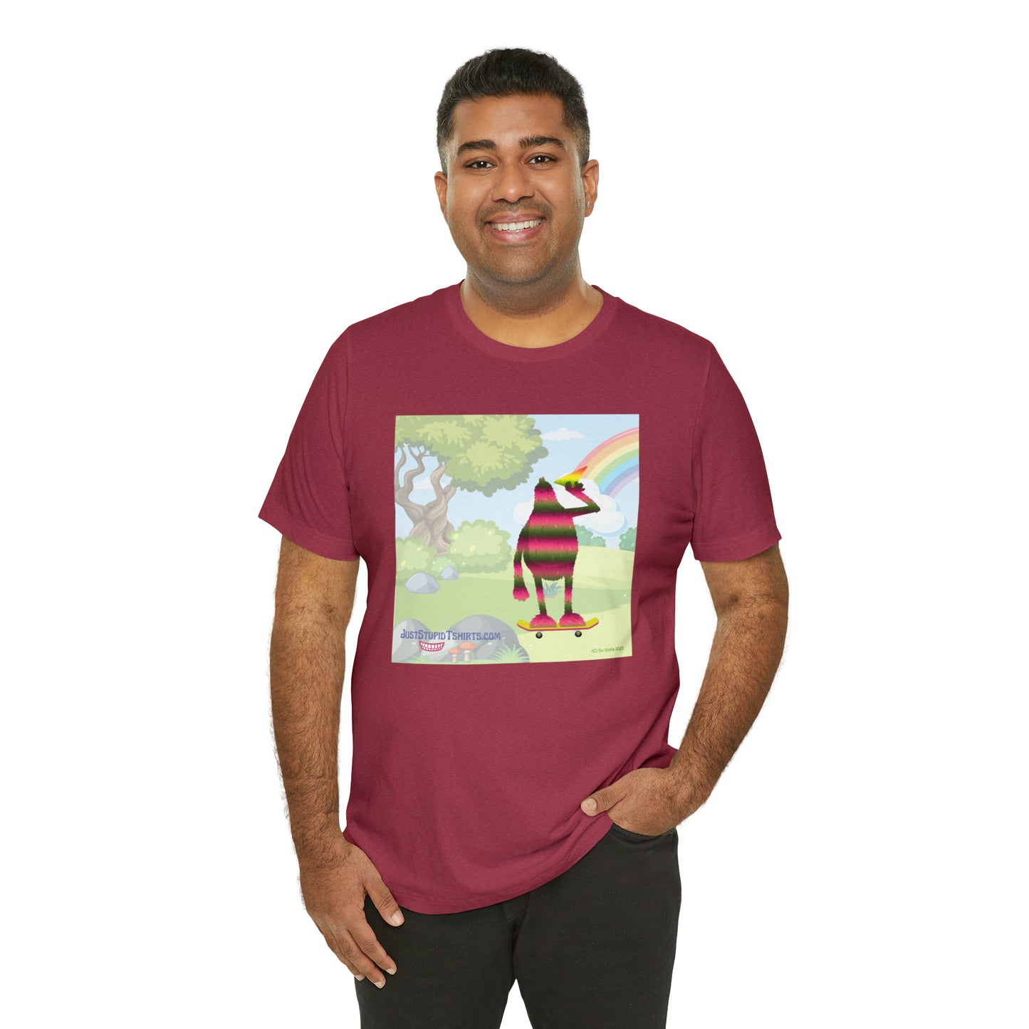 Rainbow Squatch on Skateboard- Unisex Jersey Short Sleeve Tee - Great Sasquatch gift- Yeti T Shirt, Big Foot Art