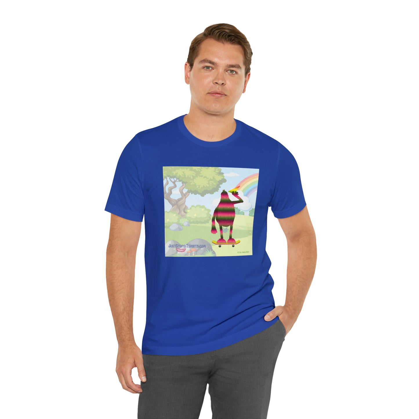 Rainbow Squatch on Skateboard- Unisex Jersey Short Sleeve Tee - Great Sasquatch gift- Yeti T Shirt, Big Foot Art