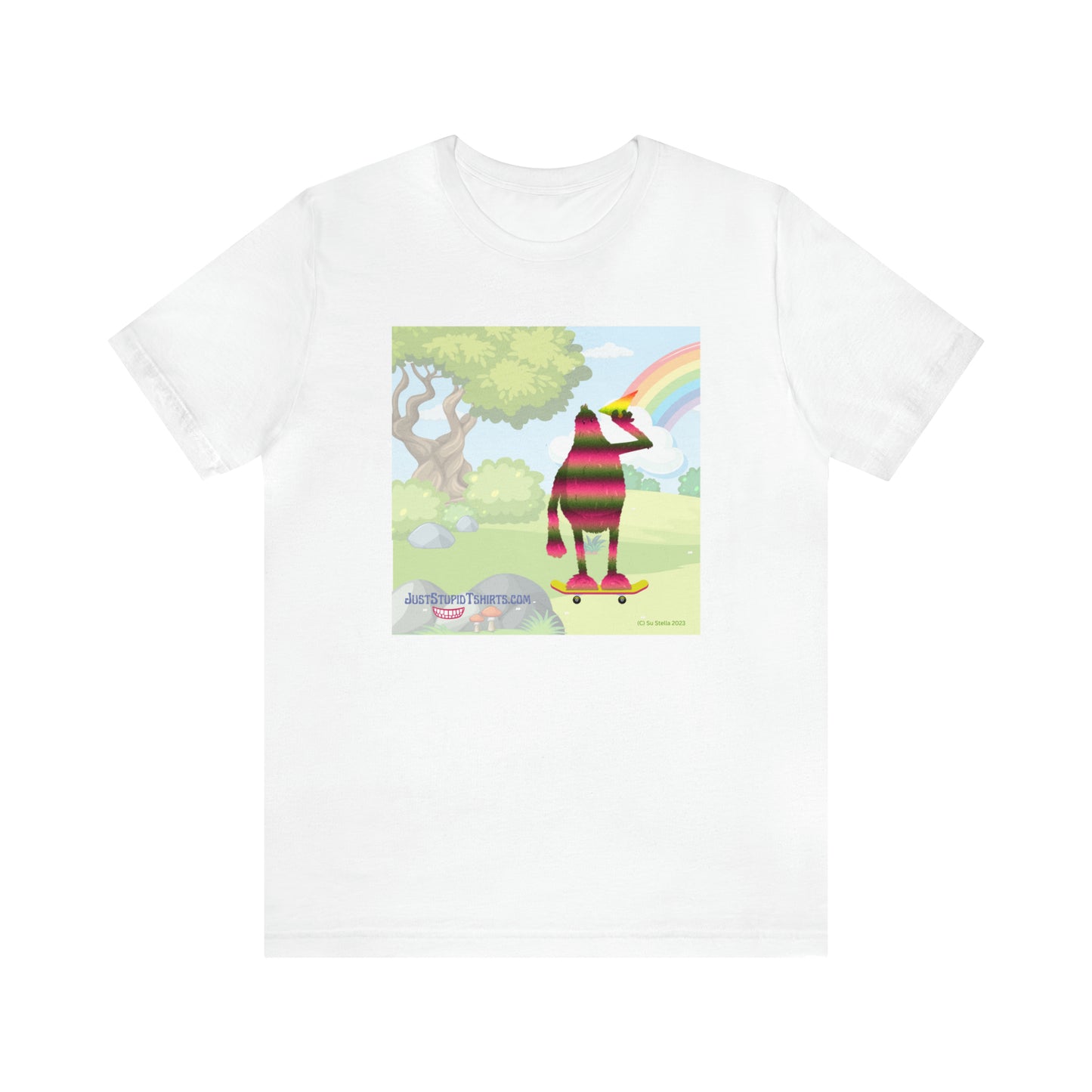 Rainbow Squatch on Skateboard- Unisex Jersey Short Sleeve Tee - Great Sasquatch gift- Yeti T Shirt, Big Foot Art