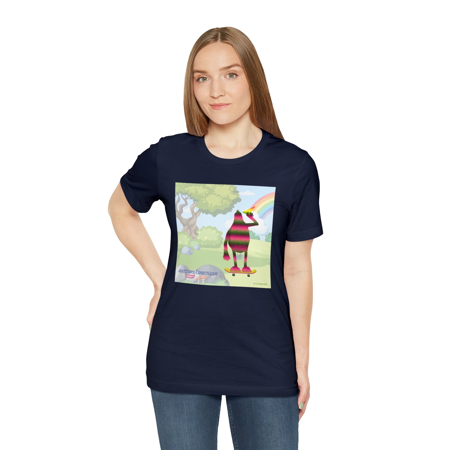 Rainbow Squatch on Skateboard- Unisex Jersey Short Sleeve Tee - Great Sasquatch gift- Yeti T Shirt, Big Foot Art