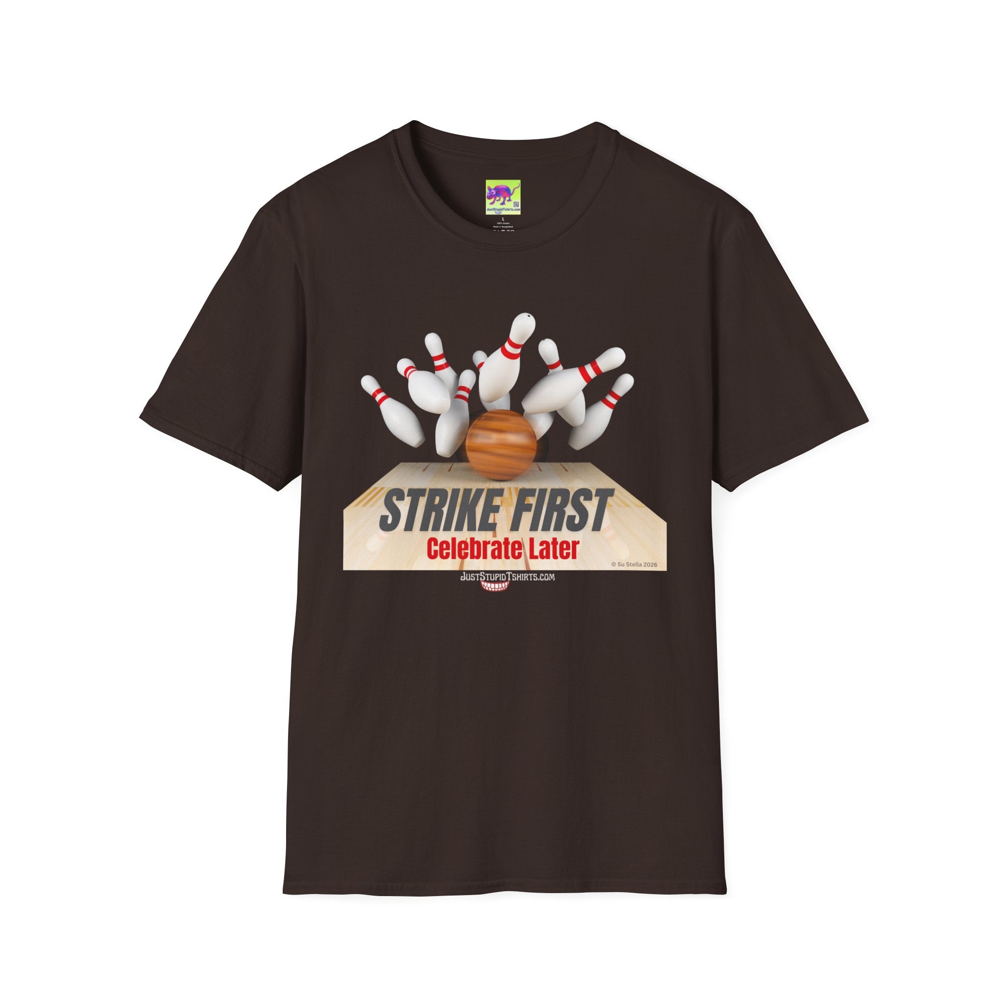 Strike First - Celebrate Later -  Retro Alley Graphic Tee- Bowler Gift, Bowling Shirt, League Night Shirt