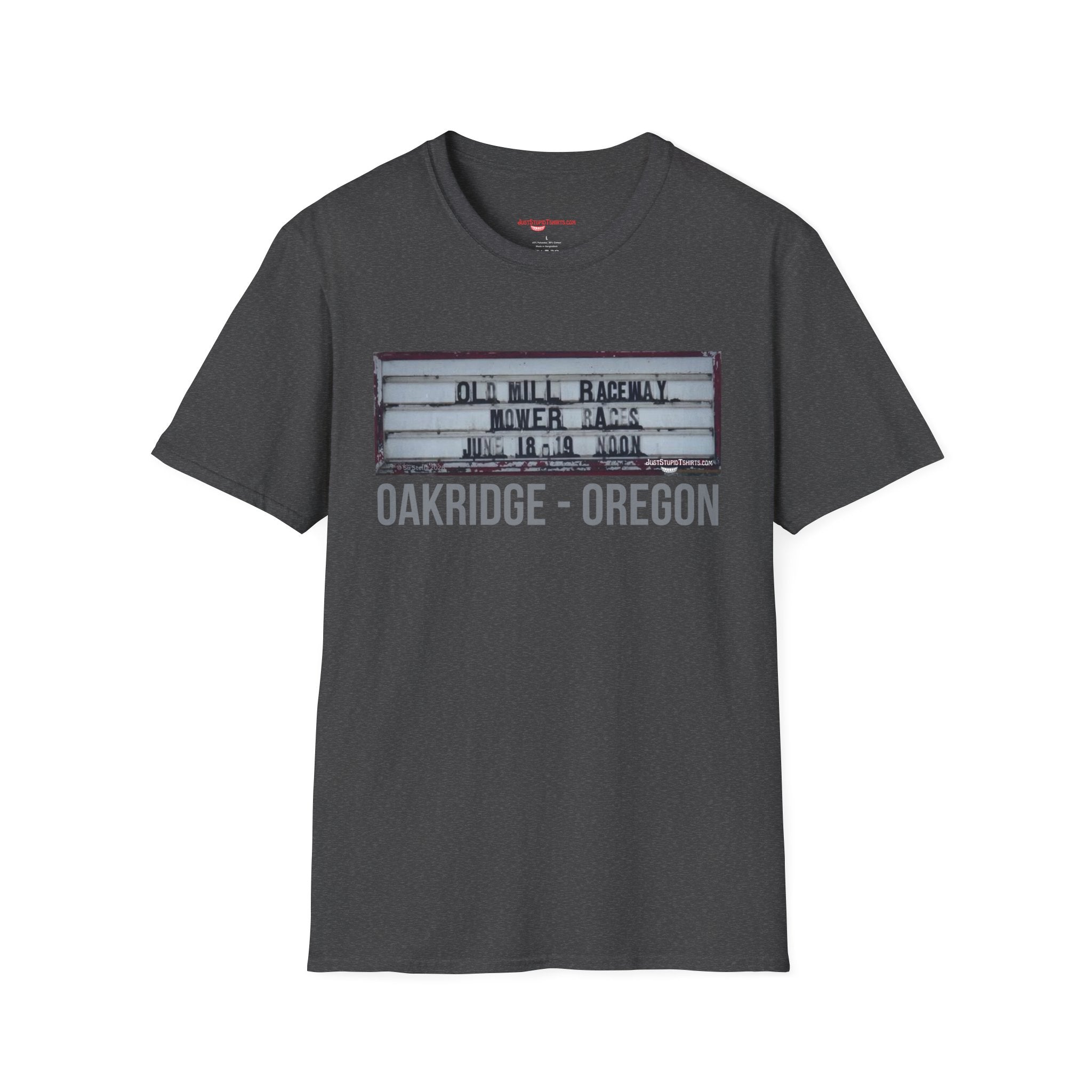 Oakridge Oregon Mower Races -Sign T-Shirt — Vintage Marquee Photo Tee on Highway 58