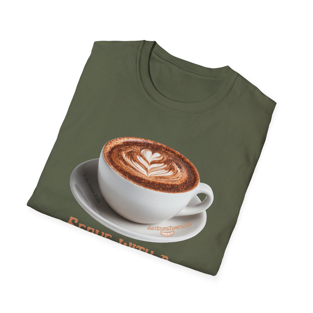 'Serve With a Juicy Piece of Gossip' Coffee Cup T‑Shirt — Funny Coffee Lover Tee