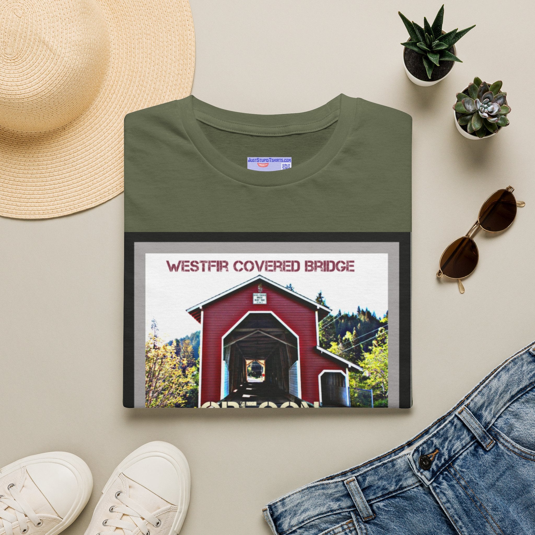 Westfir Covered Bridge Oregon T‑Shirt — Scenic Vintage Bridge Graphic Tee- Office Covered Bridge- Westfir, Oregon