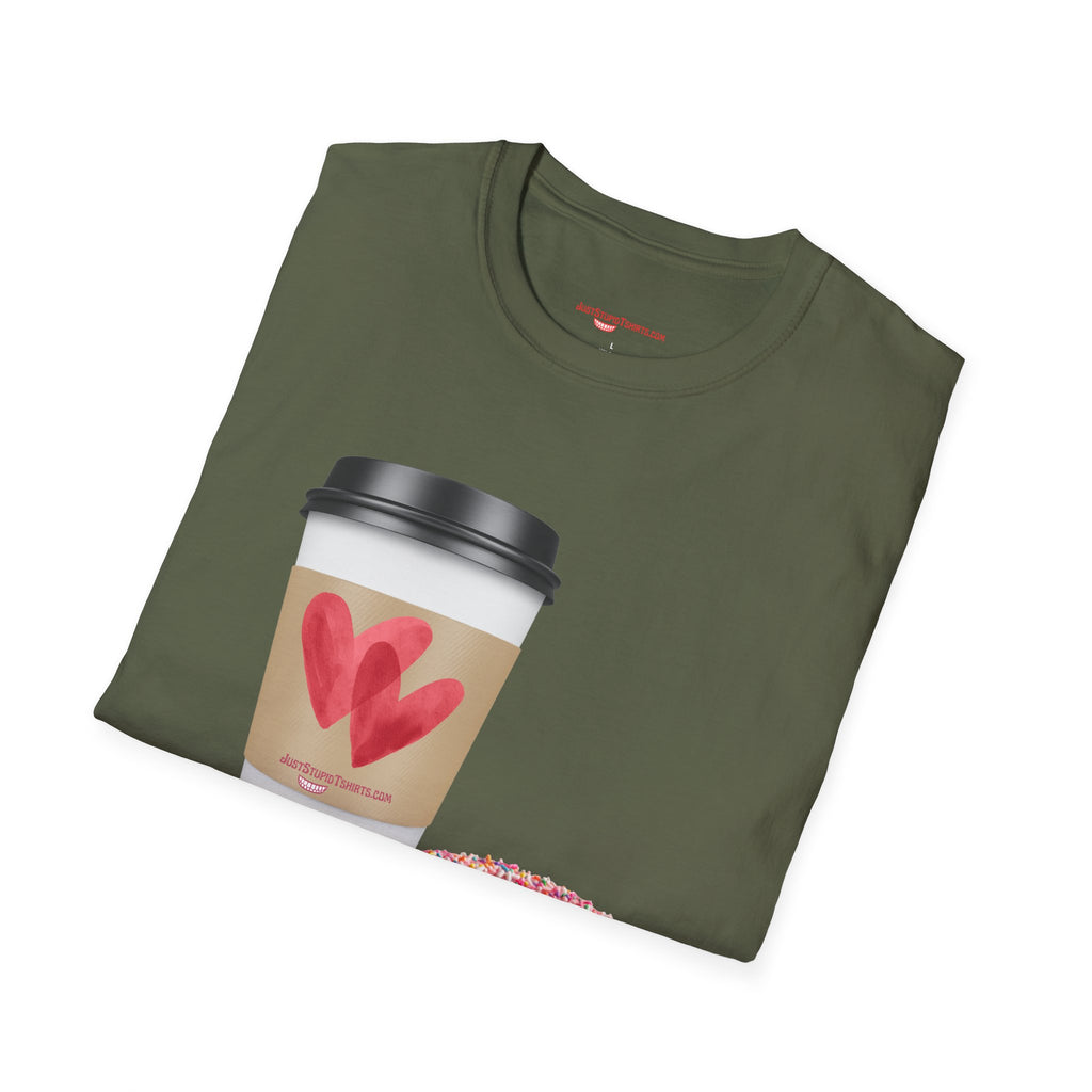 Coffee & Donut Lover T-Shirt — Cute Breakfast Graphic Tee- To Go Coffee and a Pink Donut is Love