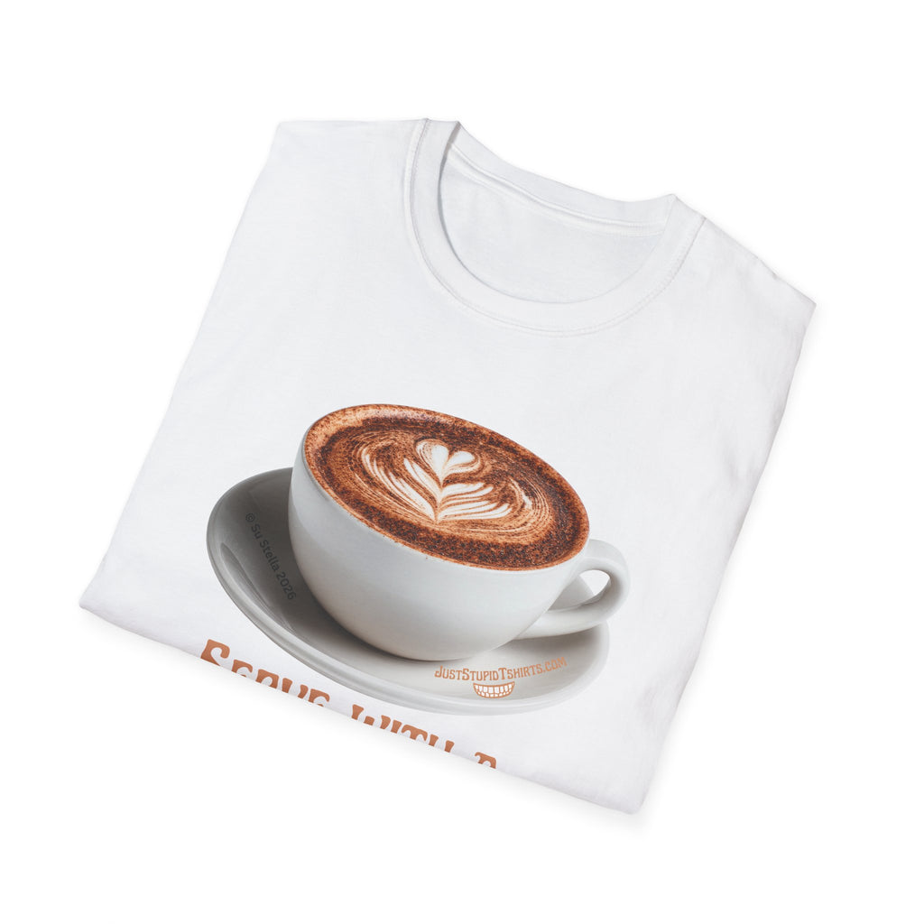 'Serve With a Juicy Piece of Gossip' Coffee Cup T‑Shirt — Funny Coffee Lover Tee