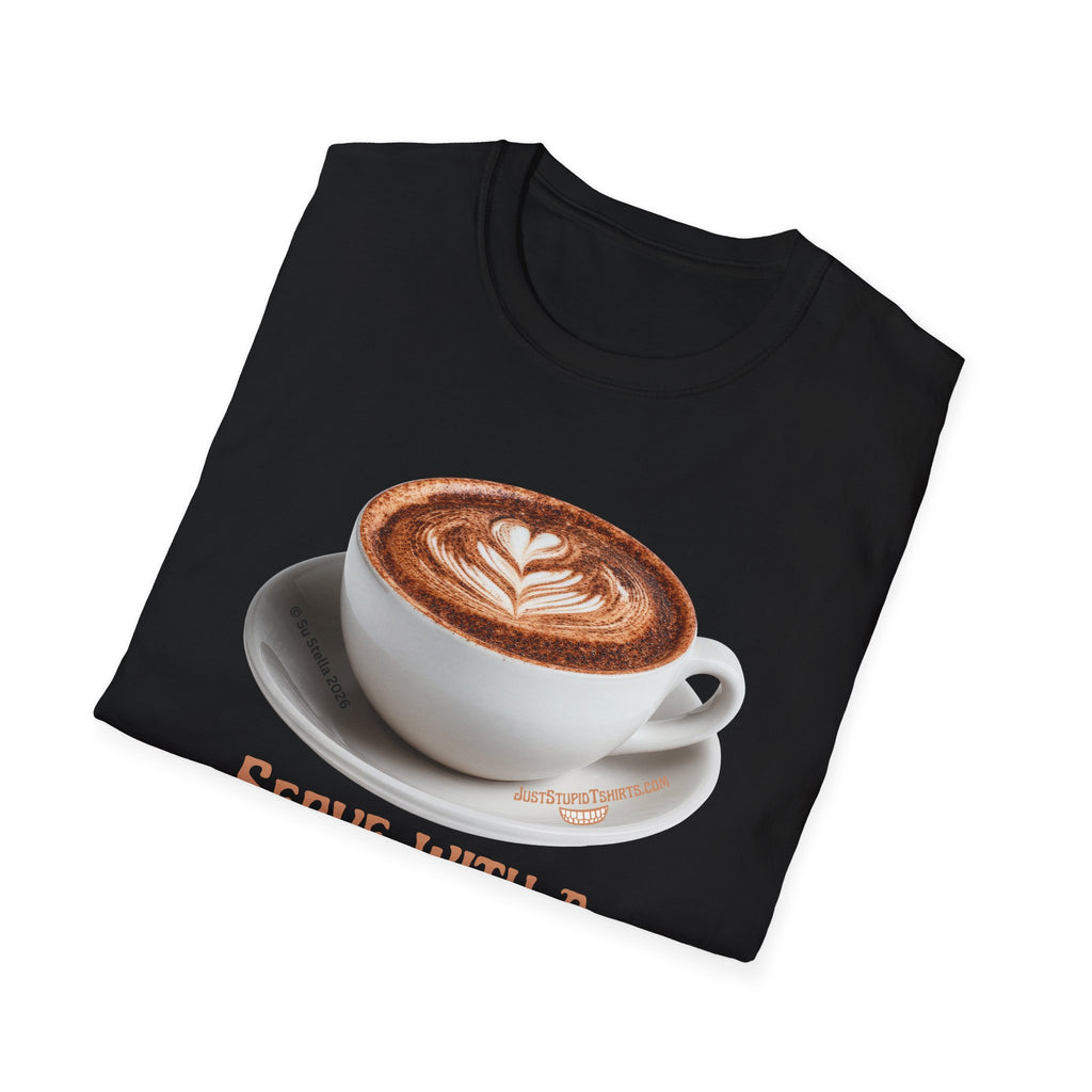 'Serve With a Juicy Piece of Gossip' Coffee Cup T‑Shirt — Funny Coffee Lover Tee