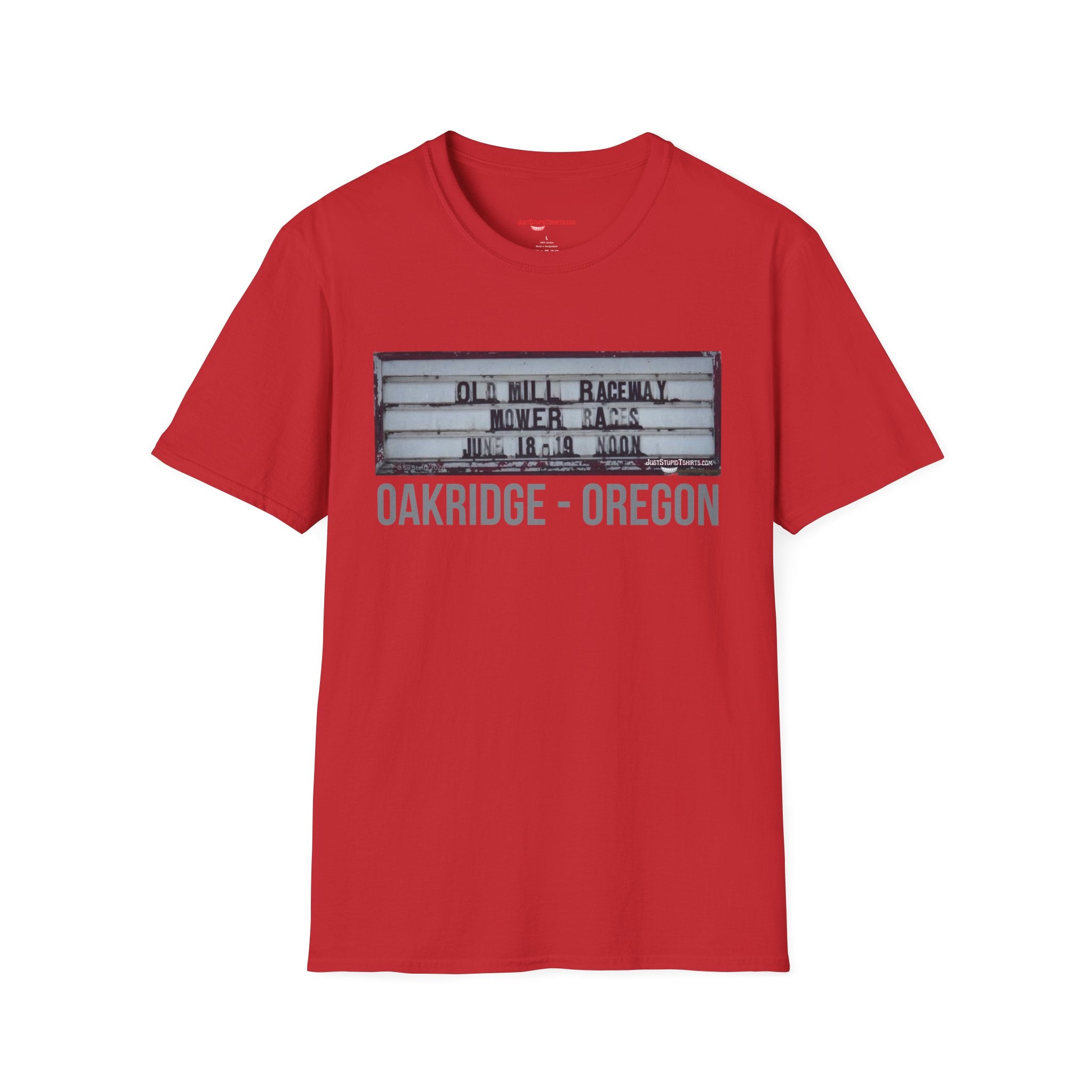 Oakridge Oregon Mower Races -Sign T-Shirt — Vintage Marquee Photo Tee on Highway 58