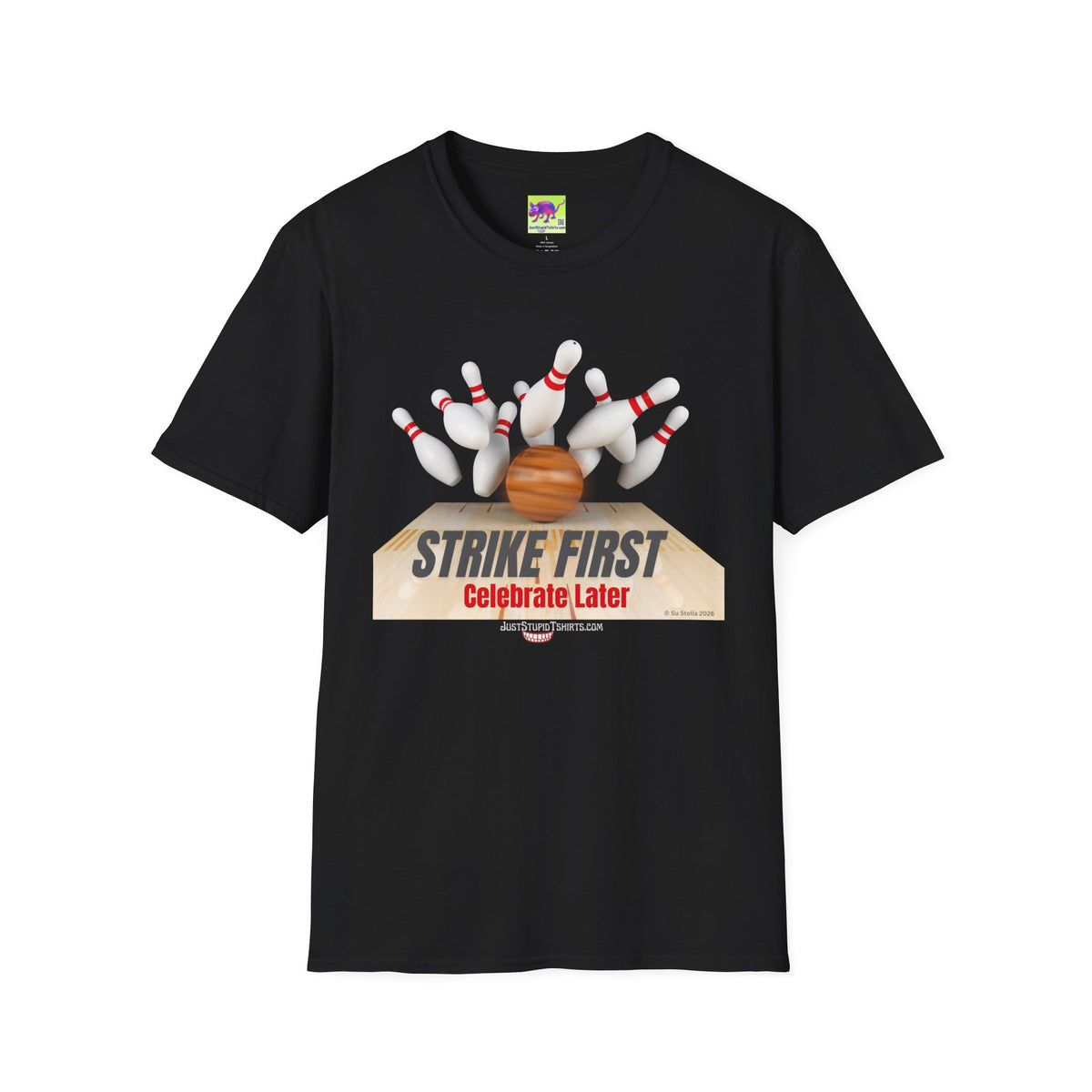 Strike First - Celebrate Later -  Retro Alley Graphic Tee- Bowler Gift, Bowling Shirt, League Night Shirt