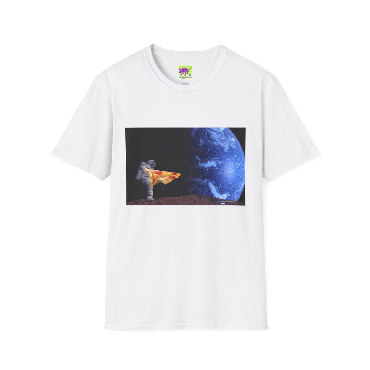 Pizza in Space Dreamer T-Shirt — Astronaut Relaxing on Planet with Earth Print