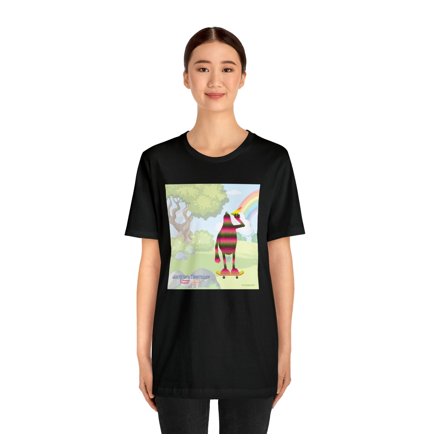 Rainbow Squatch on Skateboard- Unisex Jersey Short Sleeve Tee - Great Sasquatch gift- Yeti T Shirt, Big Foot Art