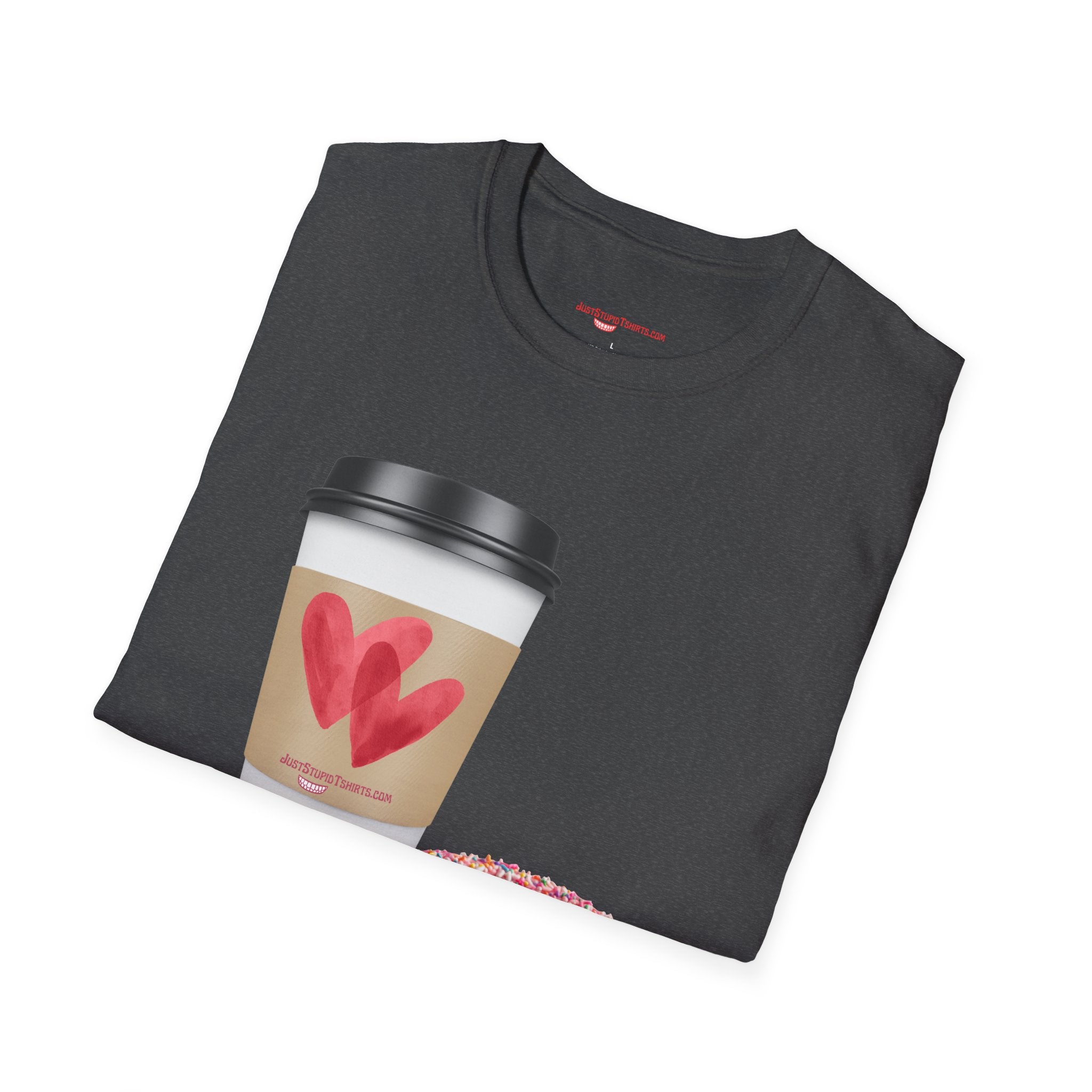 Coffee & Donut Lover T-Shirt — Cute Breakfast Graphic Tee- To Go Coffee and a Pink Donut is Love