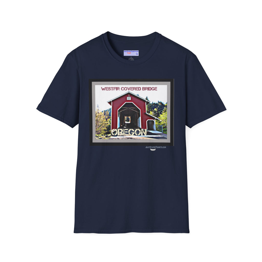 Westfir Covered Bridge Oregon T‑Shirt — Scenic Vintage Bridge Graphic Tee- Office Covered Bridge- Westfir, Oregon