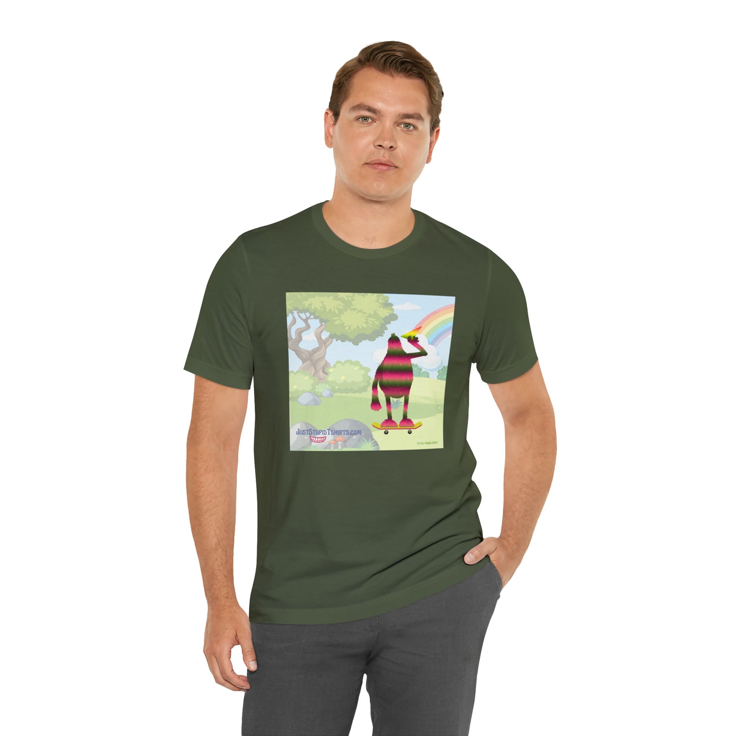 Rainbow Squatch on Skateboard- Unisex Jersey Short Sleeve Tee - Great Sasquatch gift- Yeti T Shirt, Big Foot Art