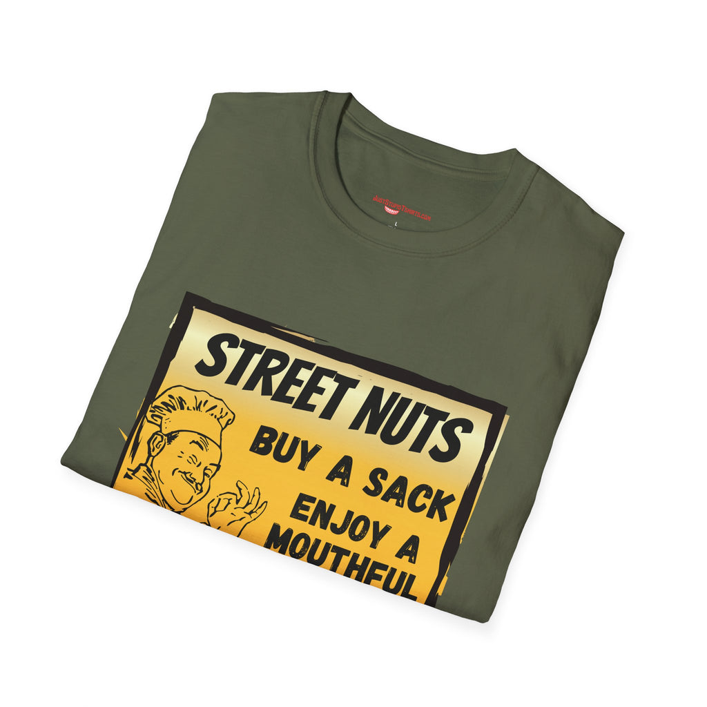 Street Nuts Vintage Snack Sign T-Shirt — "Buy a Sack, Enjoy a Mouthful" Retro Graphic Tee- grad gift, dad gift, fathers day laugh