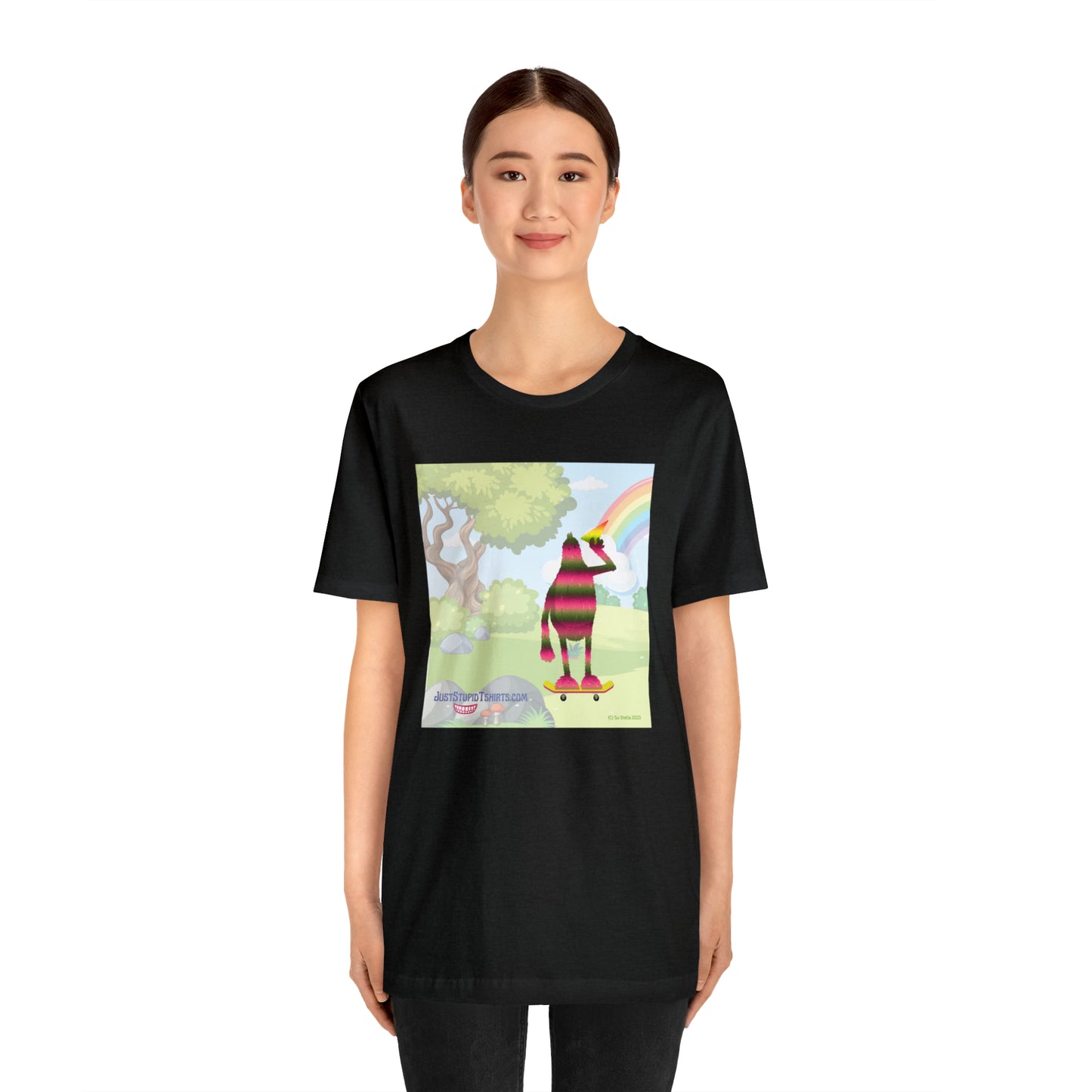 Rainbow Squatch on Skateboard- Unisex Jersey Short Sleeve Tee - Great Sasquatch gift- Yeti T Shirt, Big Foot Art