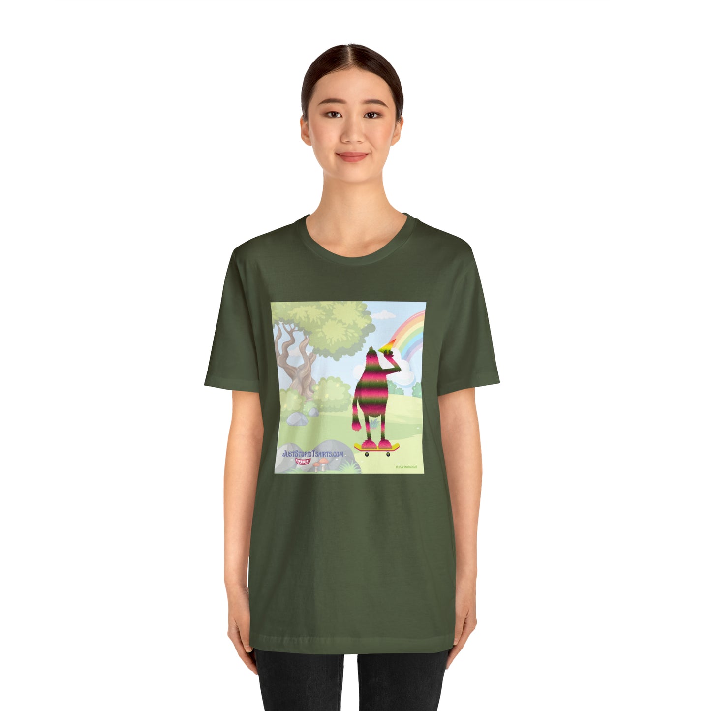 Rainbow Squatch on Skateboard- Unisex Jersey Short Sleeve Tee - Great Sasquatch gift- Yeti T Shirt, Big Foot Art