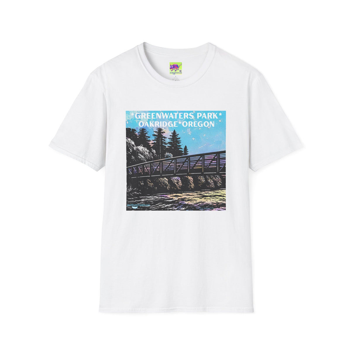 Greenwaters Park, Oakridge, Oregon -Lino cut style Unisex Soft style T-Shirt