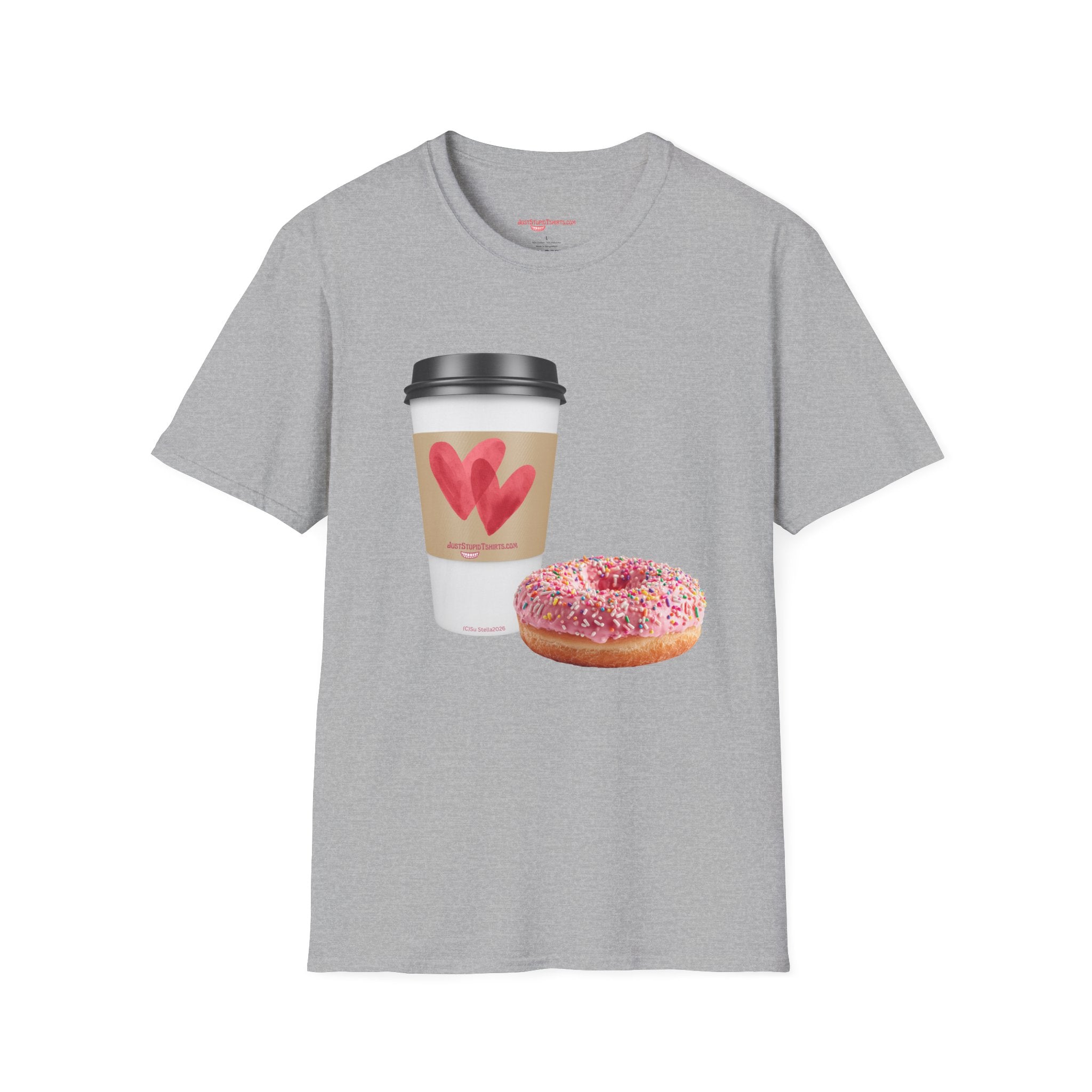 Coffee & Donut Lover T-Shirt — Cute Breakfast Graphic Tee- To Go Coffee and a Pink Donut is Love