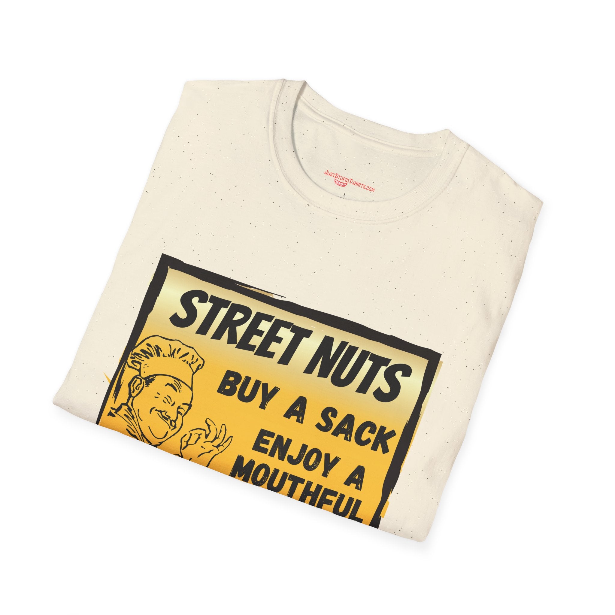 Street Nuts Vintage Snack Sign T-Shirt — "Buy a Sack, Enjoy a Mouthful" Retro Graphic Tee- grad gift, dad gift, fathers day laugh