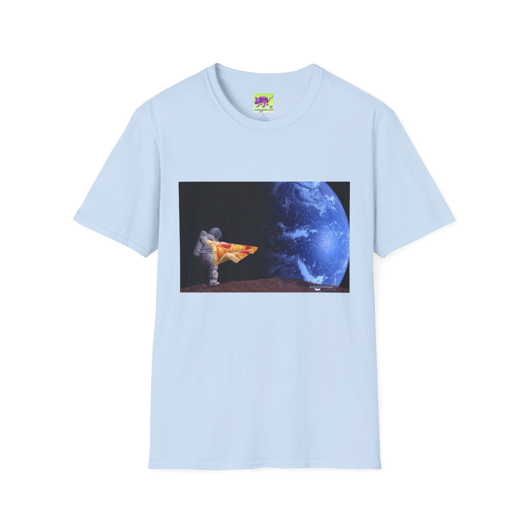 Pizza in Space Dreamer T-Shirt — Astronaut Relaxing on Planet with Earth Print