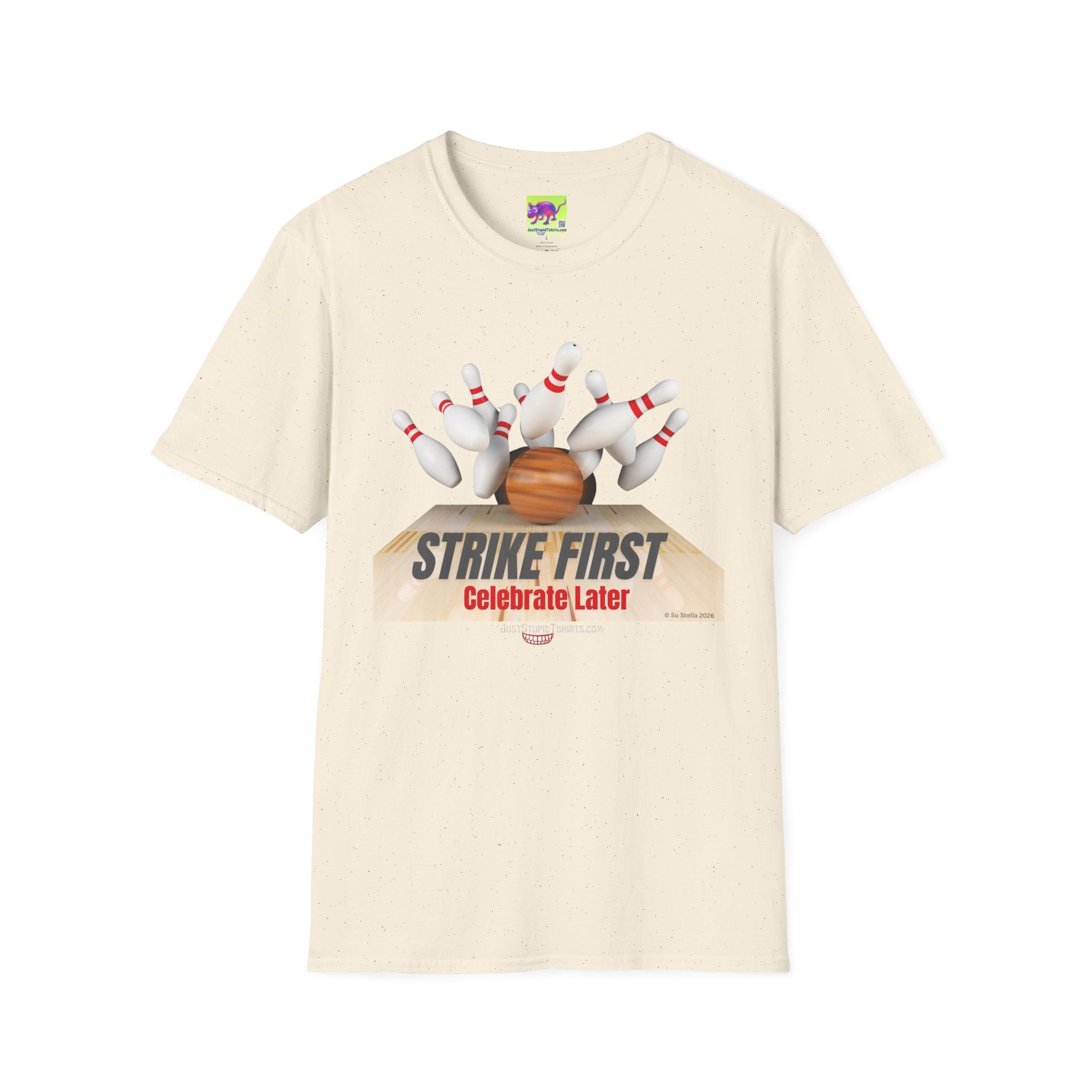 "Strike First, Celebrate Later" Bowling T-Shirt — Graphic Tee