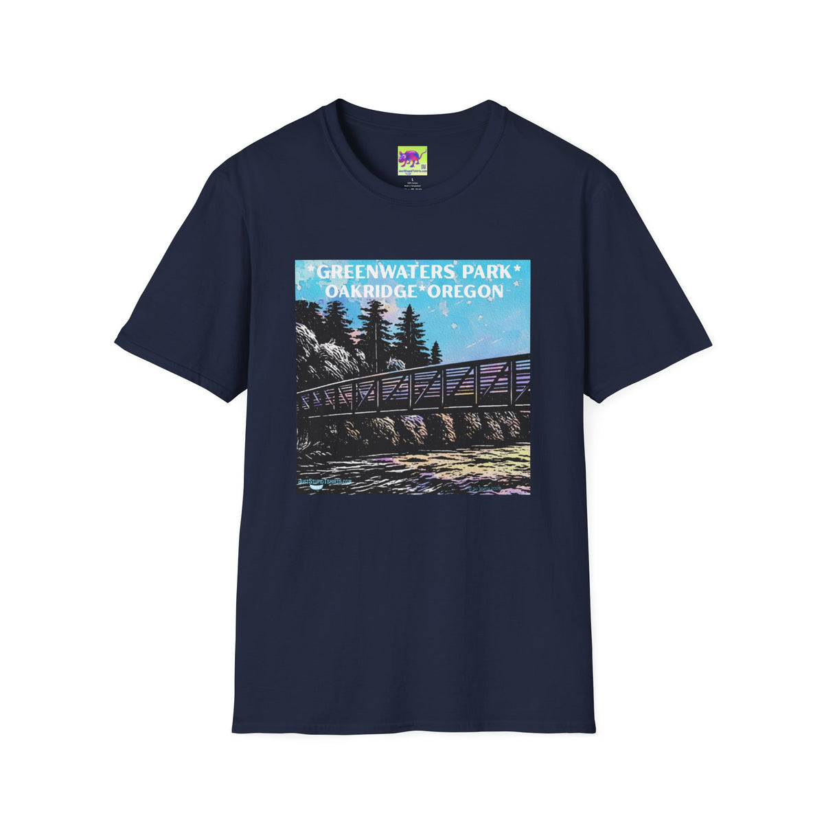 Greenwaters Park, Oakridge, Oregon -Lino cut style Unisex Soft style T-Shirt