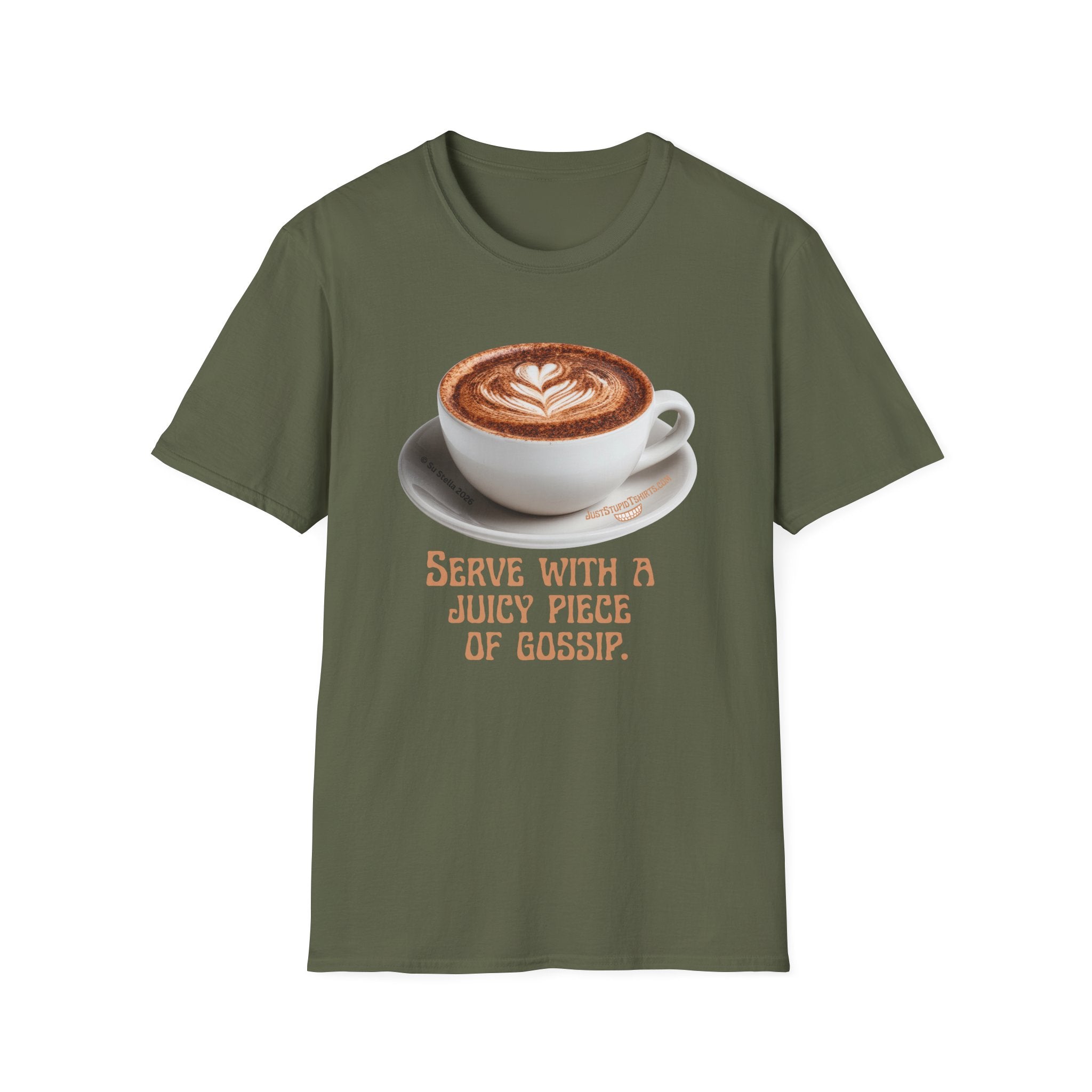 'Serve With a Juicy Piece of Gossip' Coffee Cup T‑Shirt — Funny Coffee Lover Tee