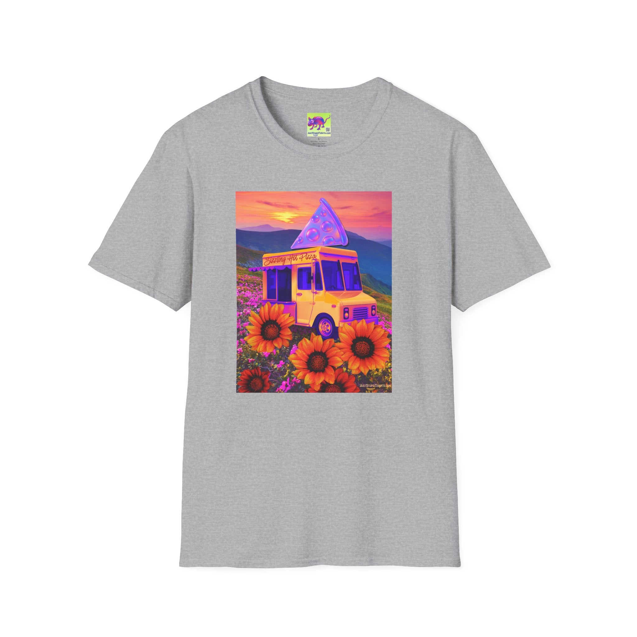 Fresh Hot Pizza Truck T-Shirt — Retro Sunset Floral Van Graphic Tee