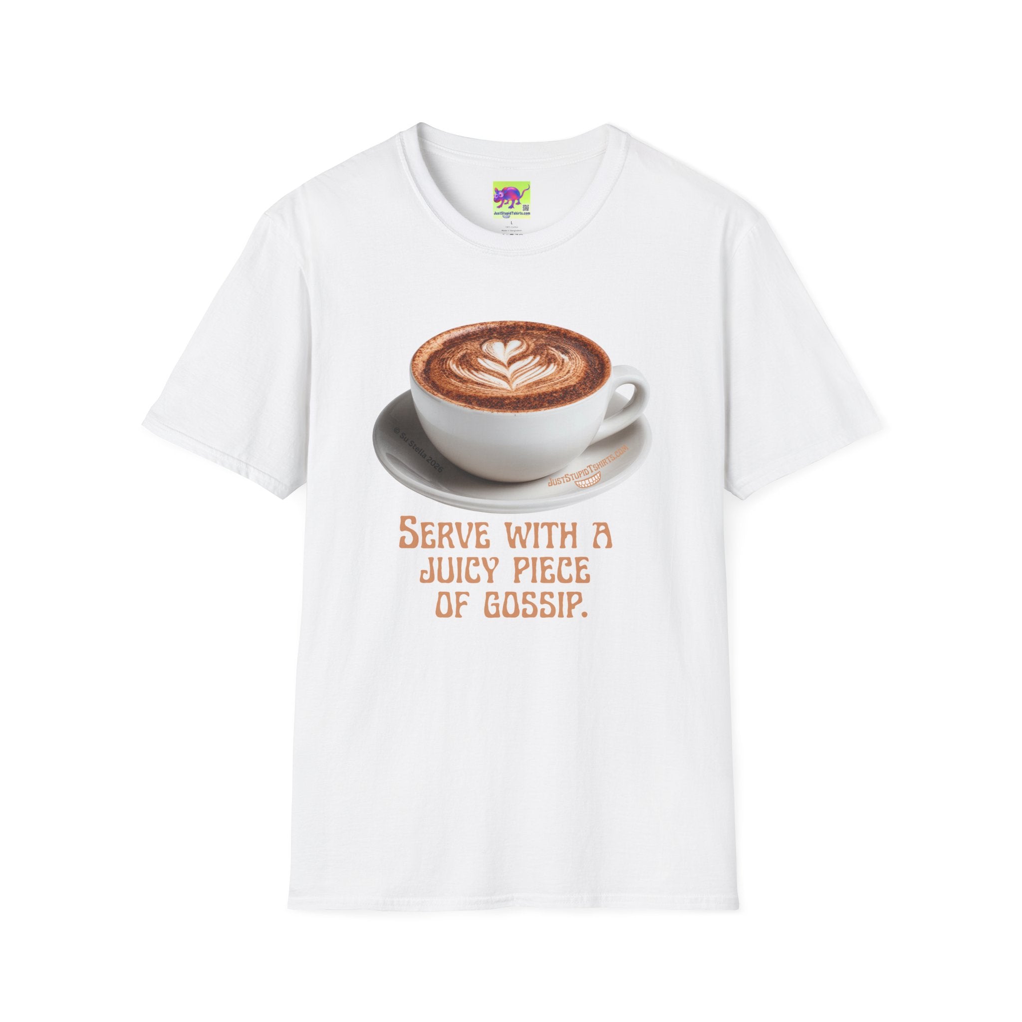 'Serve With a Juicy Piece of Gossip' Coffee Cup T‑Shirt — Funny Coffee Lover Tee