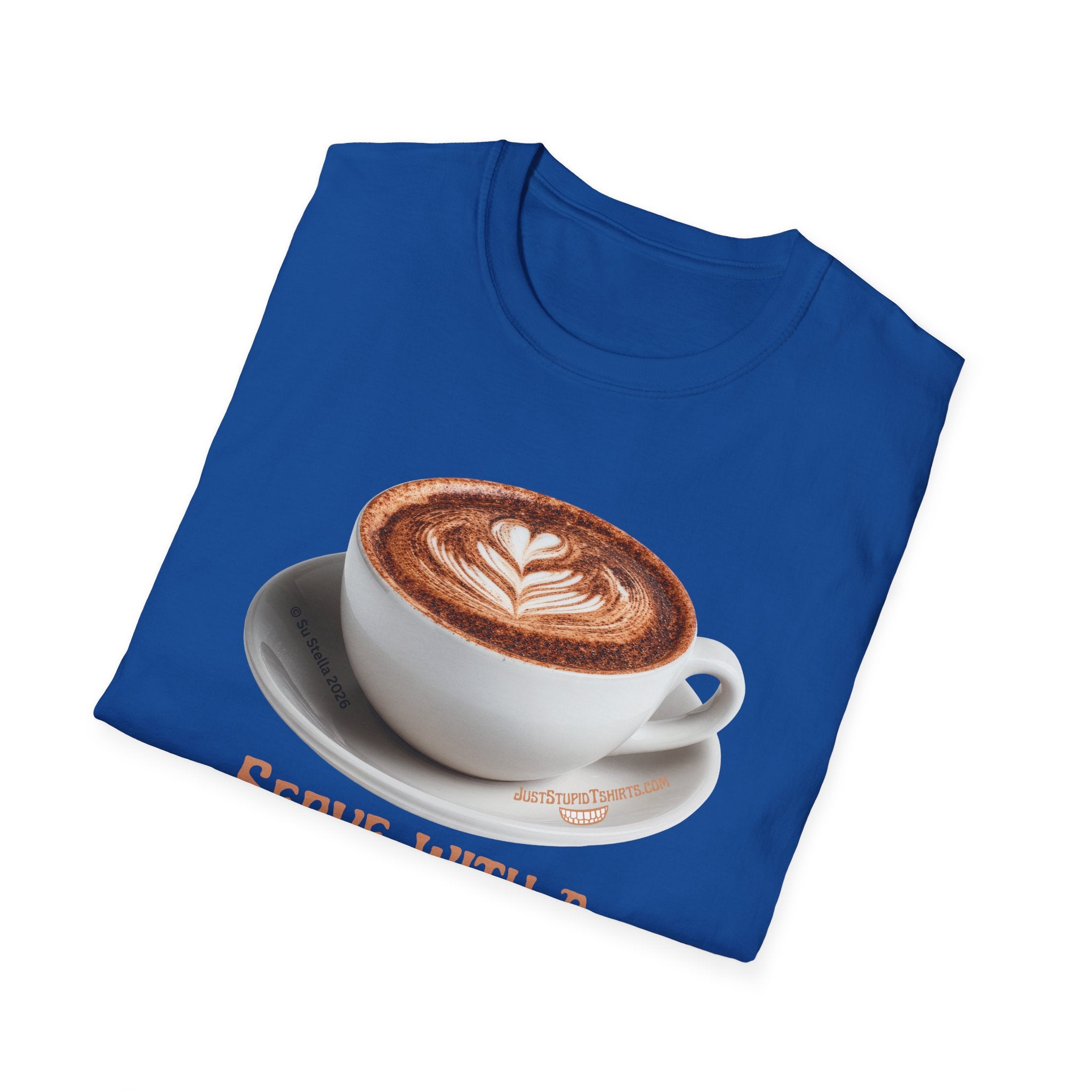 'Serve With a Juicy Piece of Gossip' Coffee Cup T‑Shirt — Funny Coffee Lover Tee