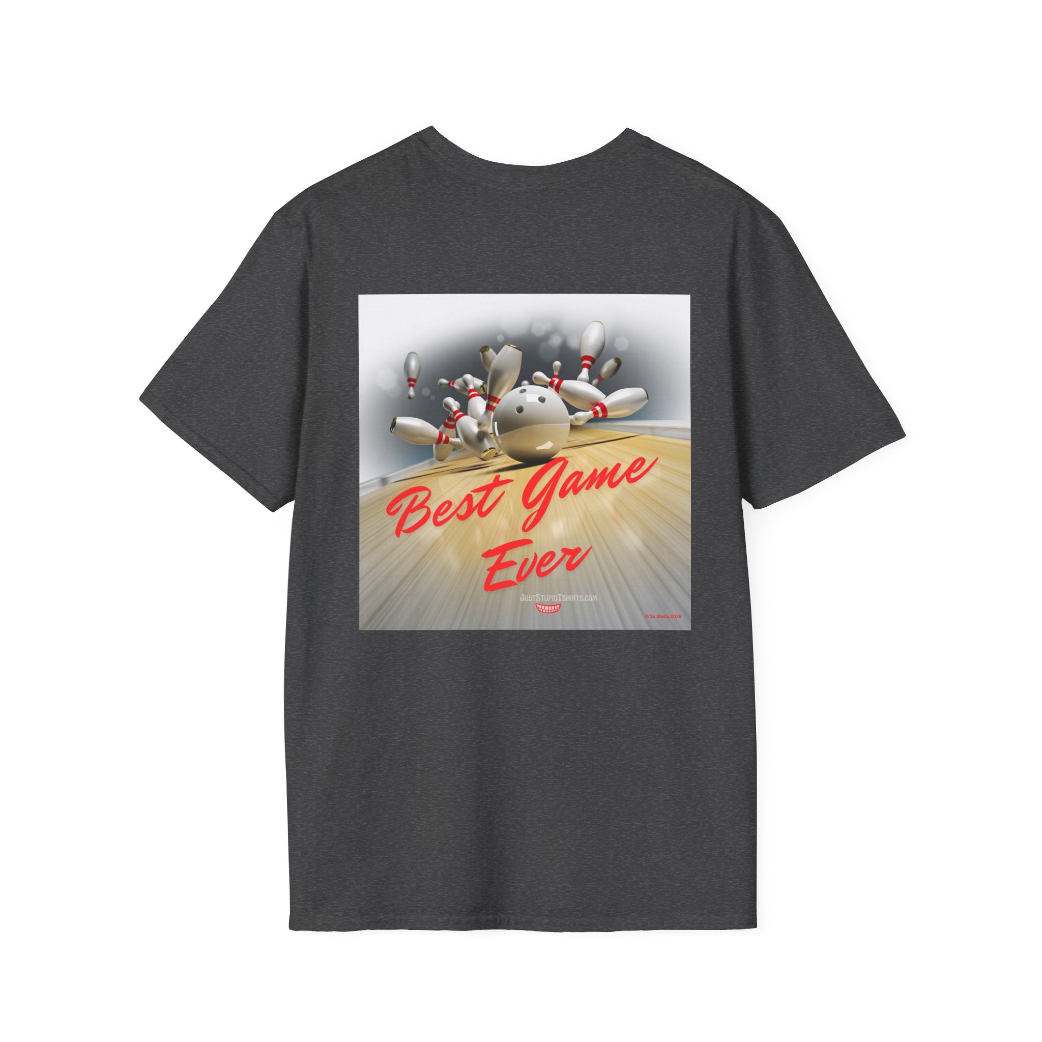 Best Game Ever Bowling T-Shirt —2 sided Retro Arcade Pocket-style Graphic Tee