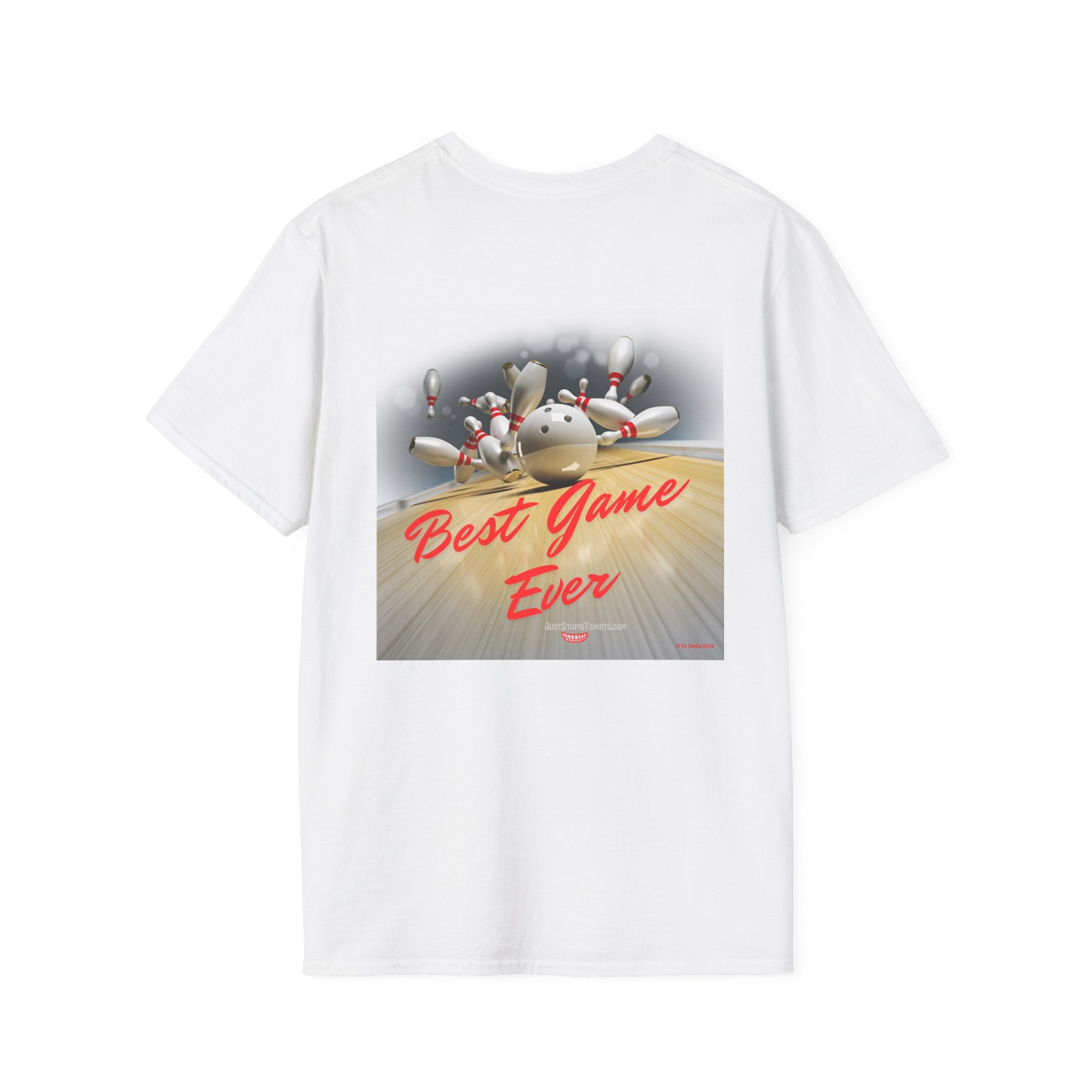 Best Game Ever Bowling T-Shirt —2 sided Retro Arcade Pocket-style Graphic Tee
