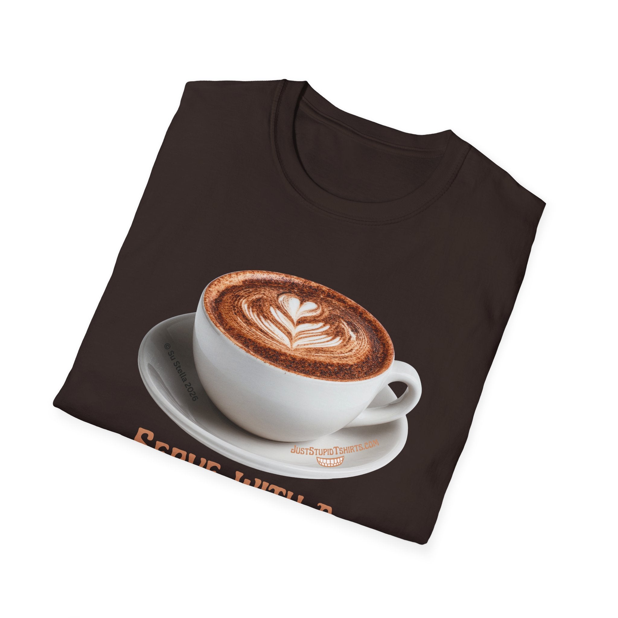 'Serve With a Juicy Piece of Gossip' Coffee Cup T‑Shirt — Funny Coffee Lover Tee