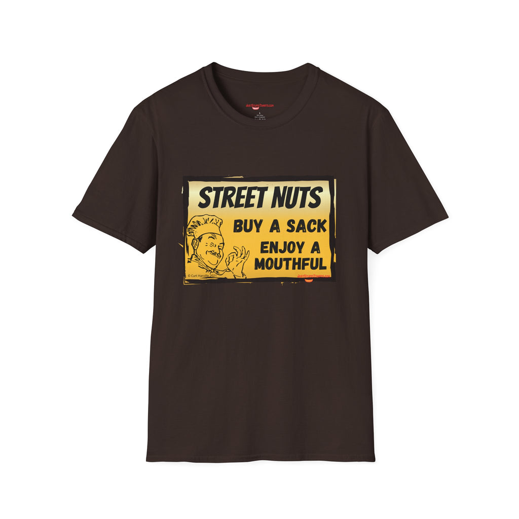 Street Nuts Vintage Snack Sign T-Shirt — "Buy a Sack, Enjoy a Mouthful" Retro Graphic Tee- grad gift, dad gift, fathers day laugh