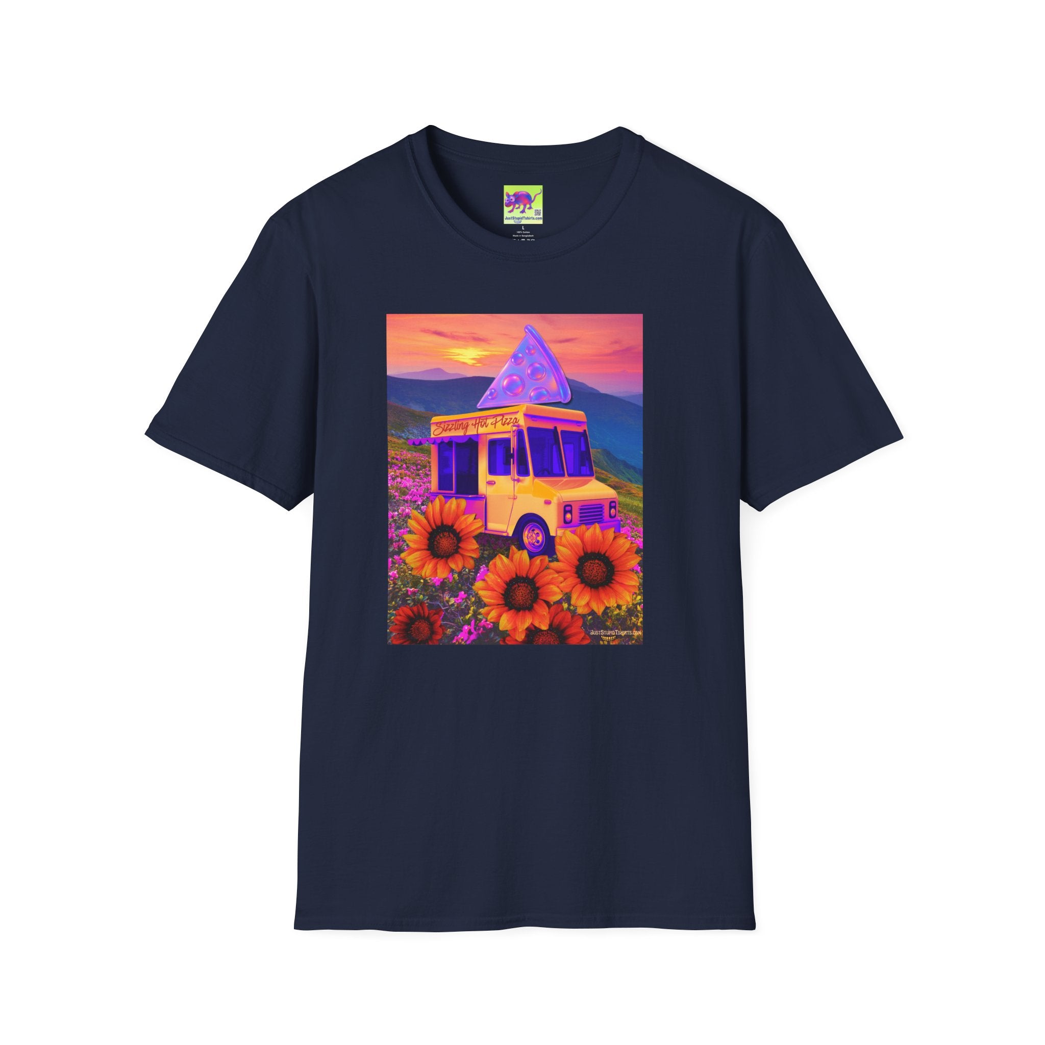 Fresh Hot Pizza Truck T-Shirt — Retro Sunset Floral Van Graphic Tee